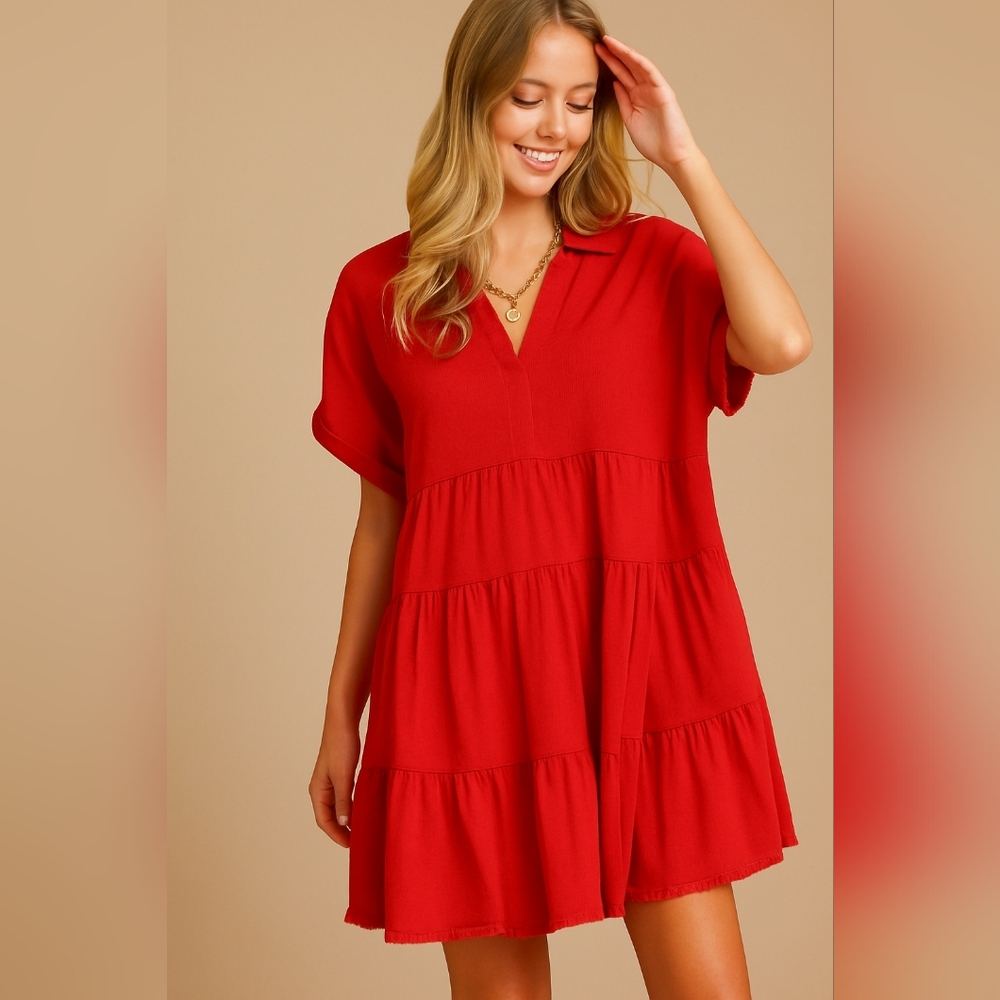SHOP THE MINT Raw Hem Short Sleeve Tiered Mini Dress Strawberry Red Linen Small